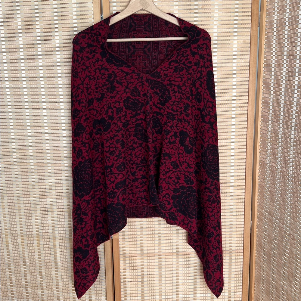Baby Alpaca Red and Black Floral Knit Poncho